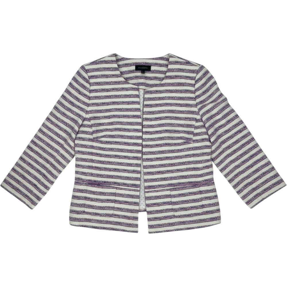 Talbots Womens 16 Striped Tweed Blazer Jacket Open Front Pink Navy Blue White